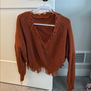 Source Unknown Rust Orange Distressed V-Neck Cropped Sweater